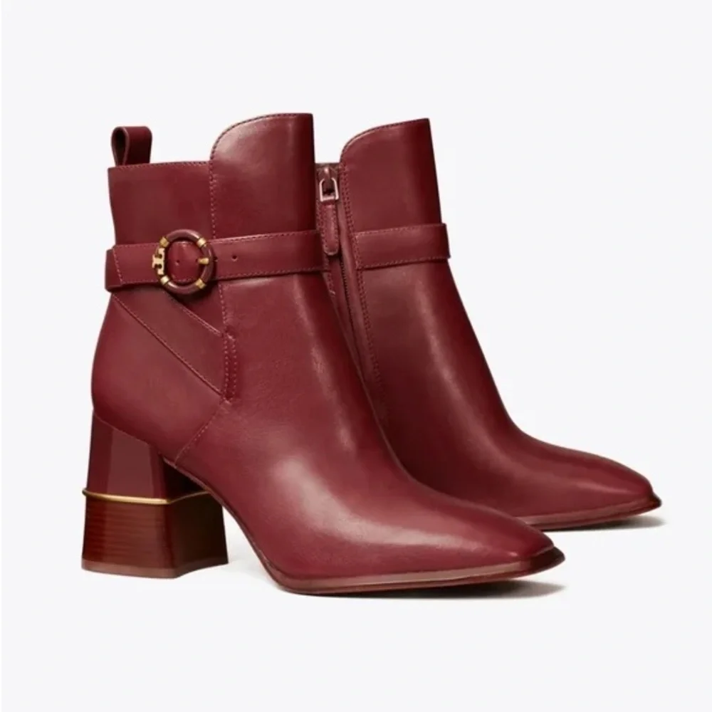 NEW Tory Burch Multi Logo Buckle Leather Heeled Boot in Claret Size 9.5